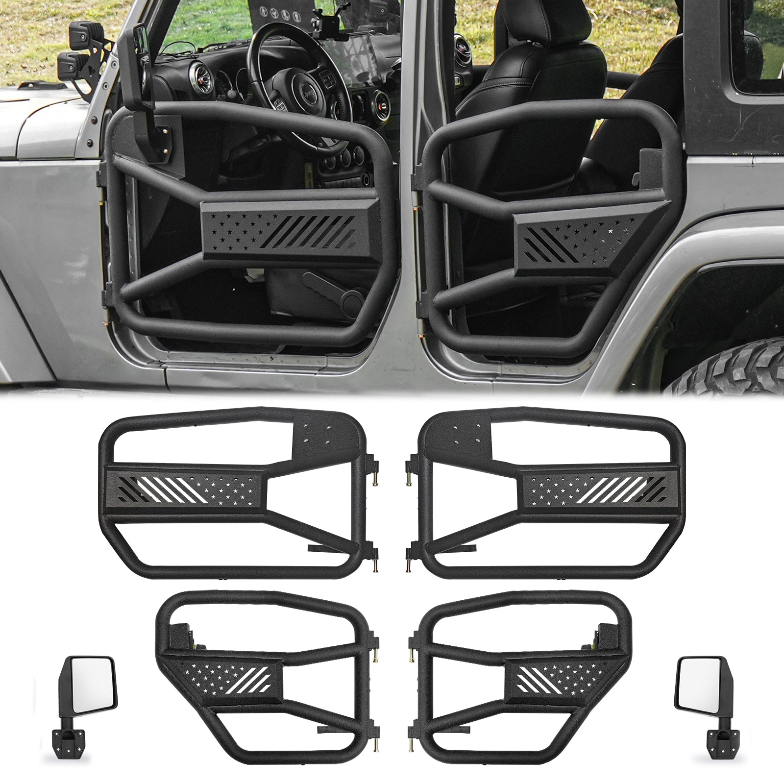 20392 Tubular Doors with Mirror for 2007-2018 Jeep Wrangler JK 4 Door US Flag Style