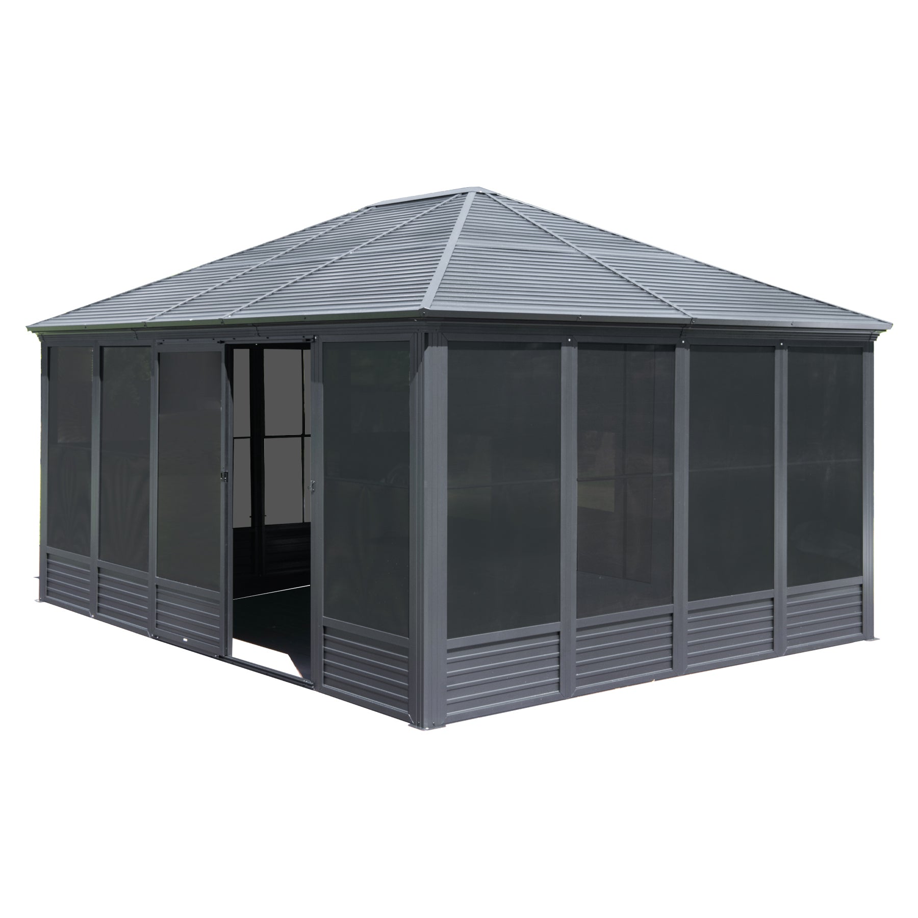 13x16.5FT Sunroom, Four Season Solarium Aluminum Hardtop Gazebo with Galvanized Steel Roof, Movable PVC Screen Walls, Sliding Doors, Sun Room Pavilion Gazebo for Patio Deck Backyard, Gray
