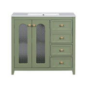 Green Transitional Bathroom Vanity with Ceramic Basin, Gold Handles, 2 Soft-Close Doors, Adjustable Shelves, and 3 Drawers - 36-Inch