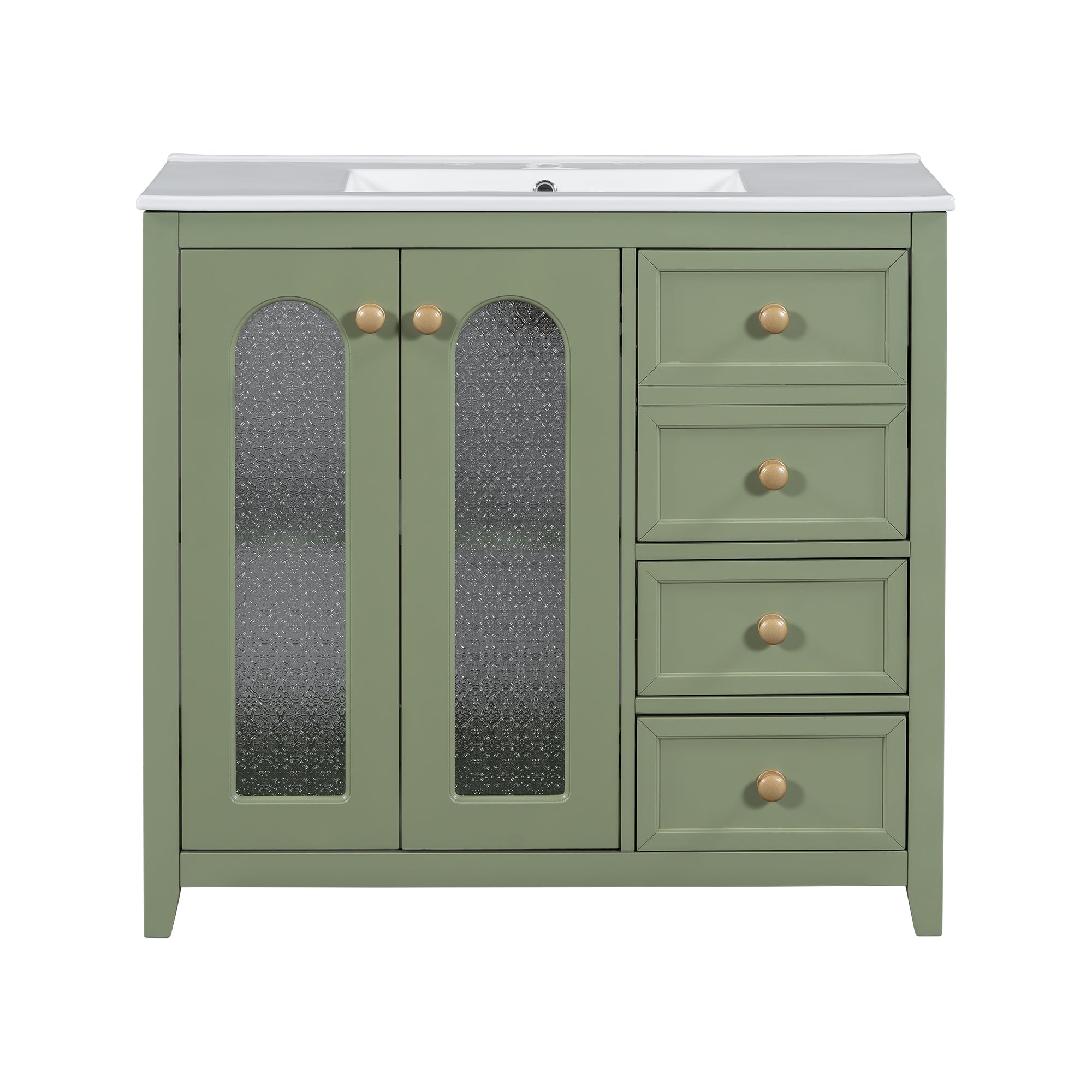 Green Transitional Bathroom Vanity with Ceramic Basin, Gold Handles, 2 Soft-Close Doors, Adjustable Shelves, and 3 Drawers - 36-Inch