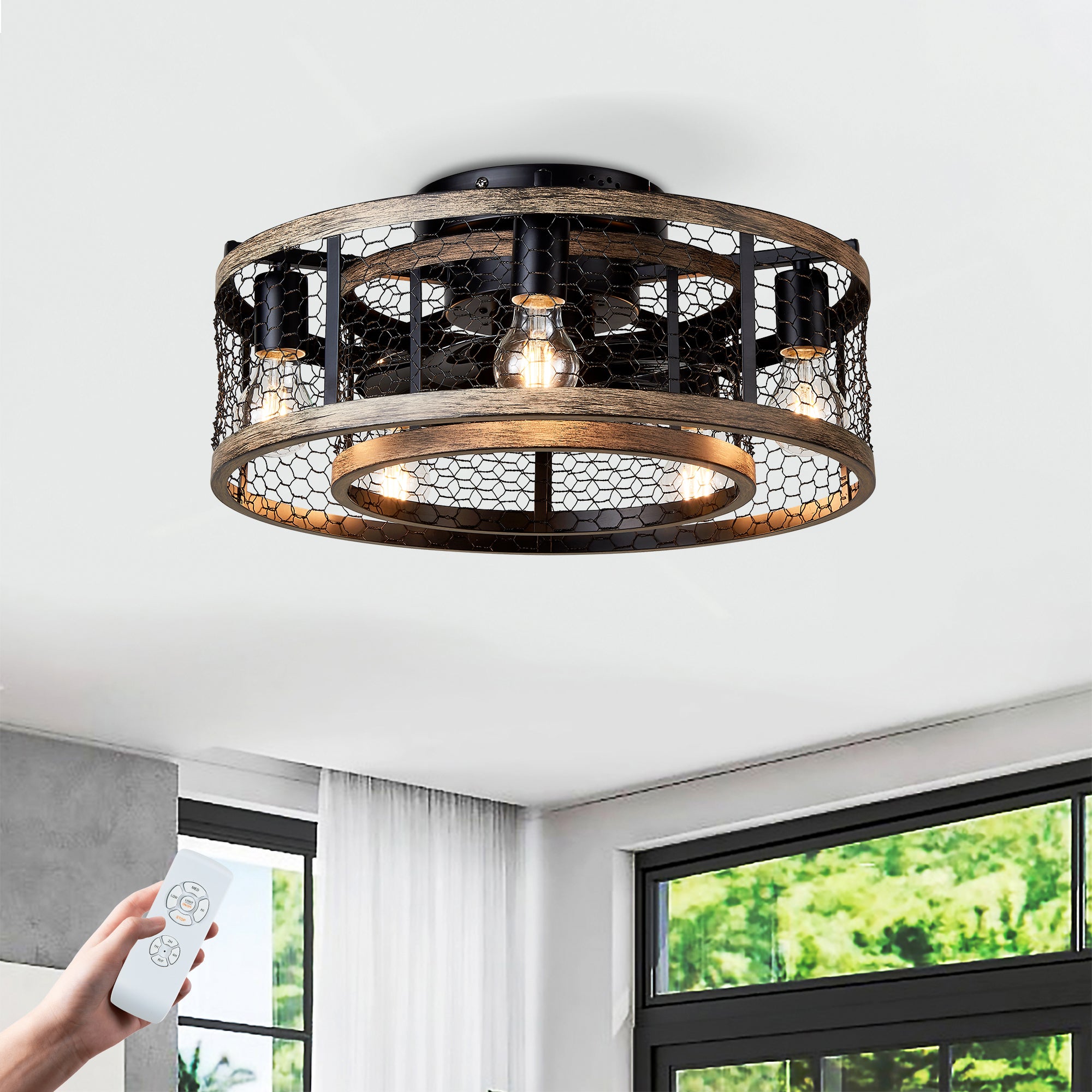 20'' Cage Ceiling Fan With Remote Control ,Quiet  Motor Fan Light ,, Indoor Iron Chandelier Ceiling Fan For Bedroom, Living room, Dinning Room, Kids Room--Matte Black (bulbs not included.)