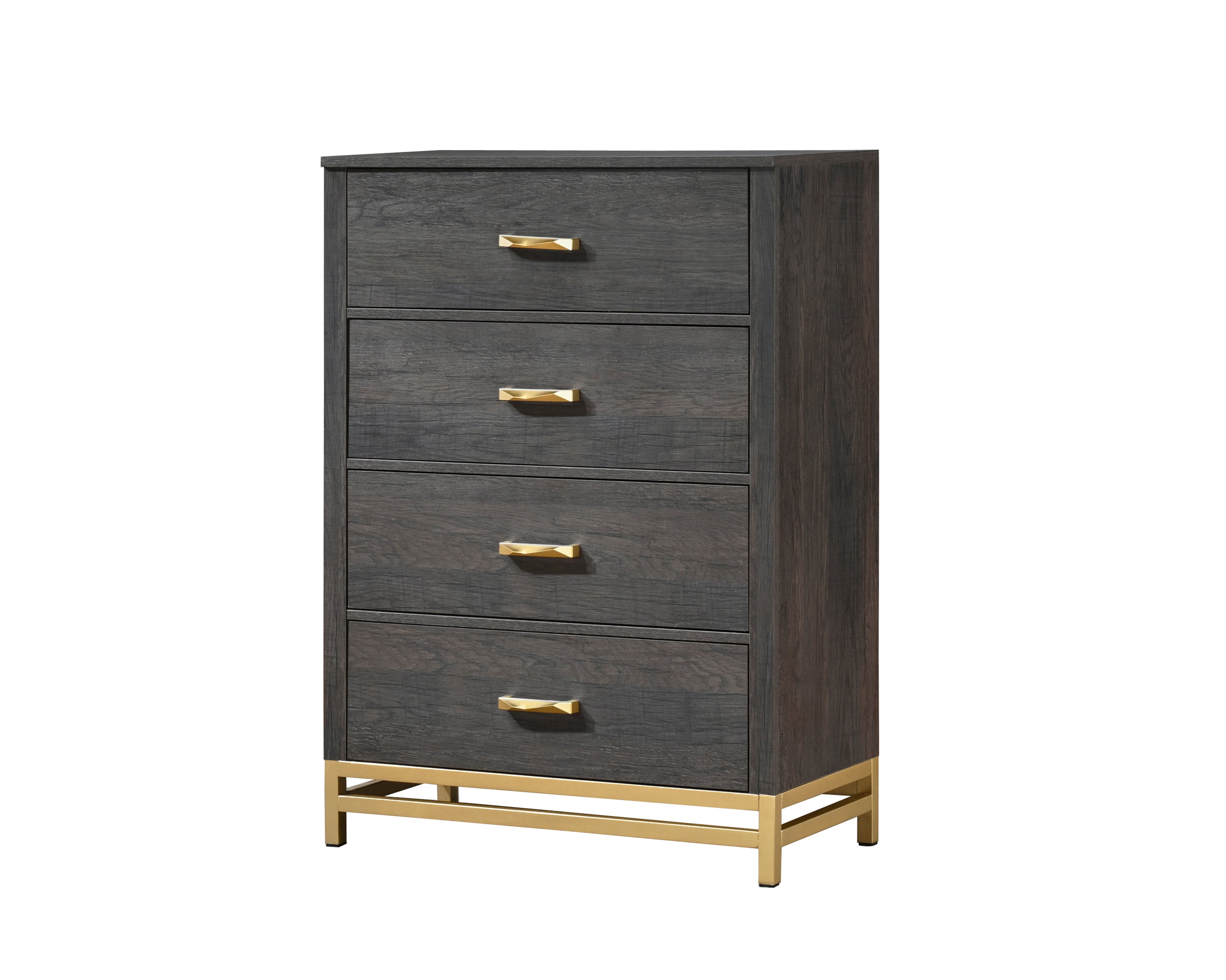 1pc Contemporary 4-Drawer Storage Chest Gray Finish Metal Handle Gold Finish