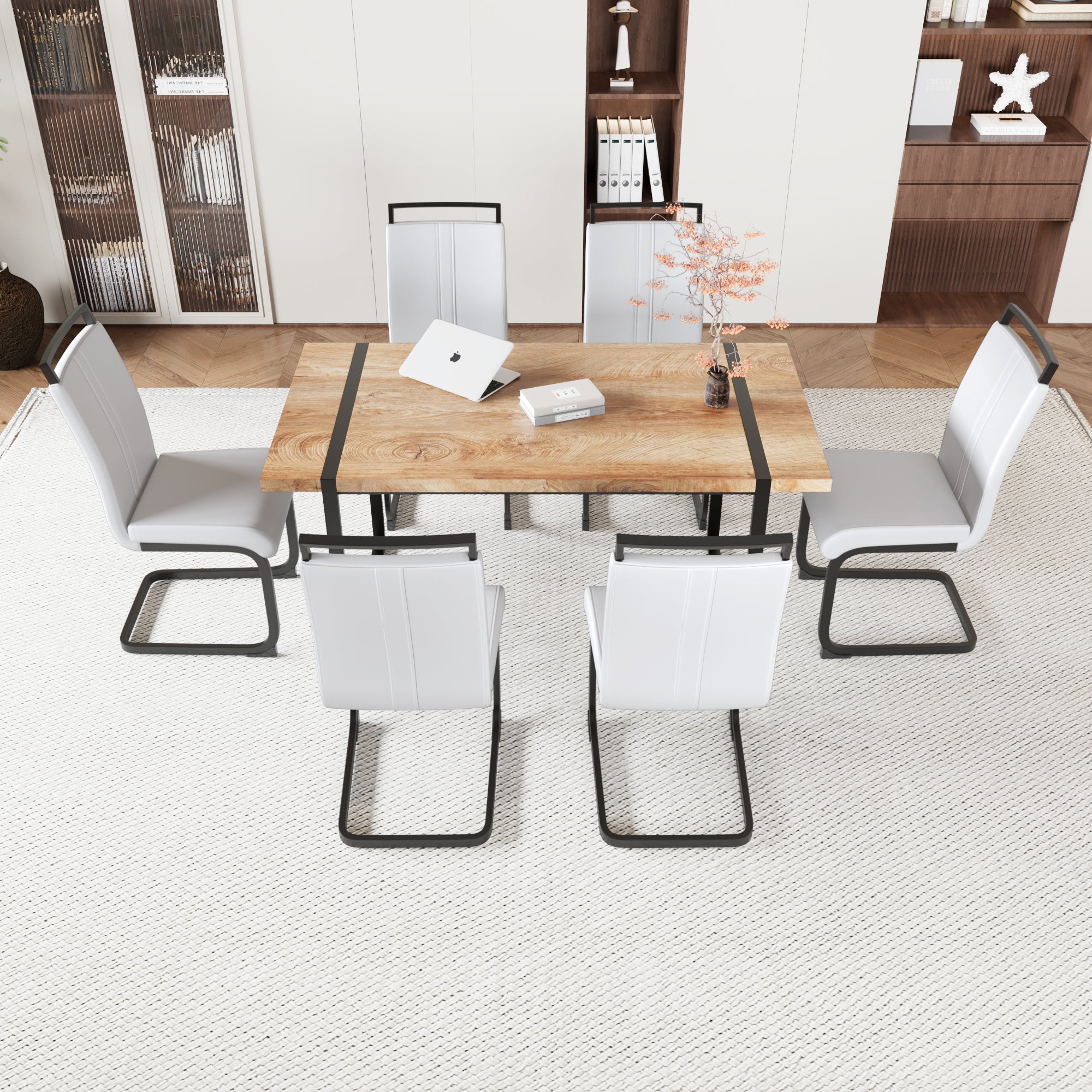 59 ' Dining Table Rural Industrial Rectangular MDF Wood Color Set and PU Armless Dining Chair Set 6. Kitchen Black Metal Table Leg Dining Chair Set