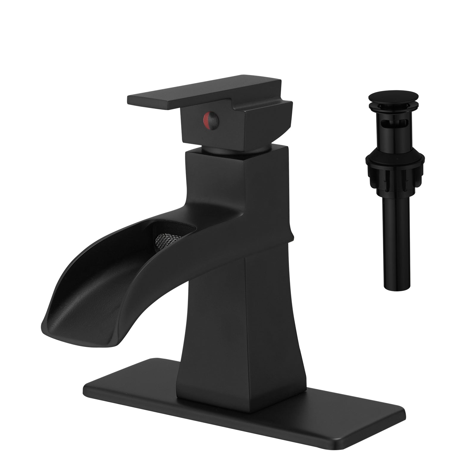 Sink Faucet With Deck Plate Waterfall Black with Pop Up Drain and Supply Lines Bathroom faucets for Sink 1 Hole One Handle Faucets Vanity Bath Mixer Tap