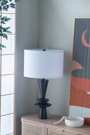D15x26.7' Black Aluminum Table Lamp with Two Varying Round Accents and White Drum Shade(Lamp Shade Assembly Required)