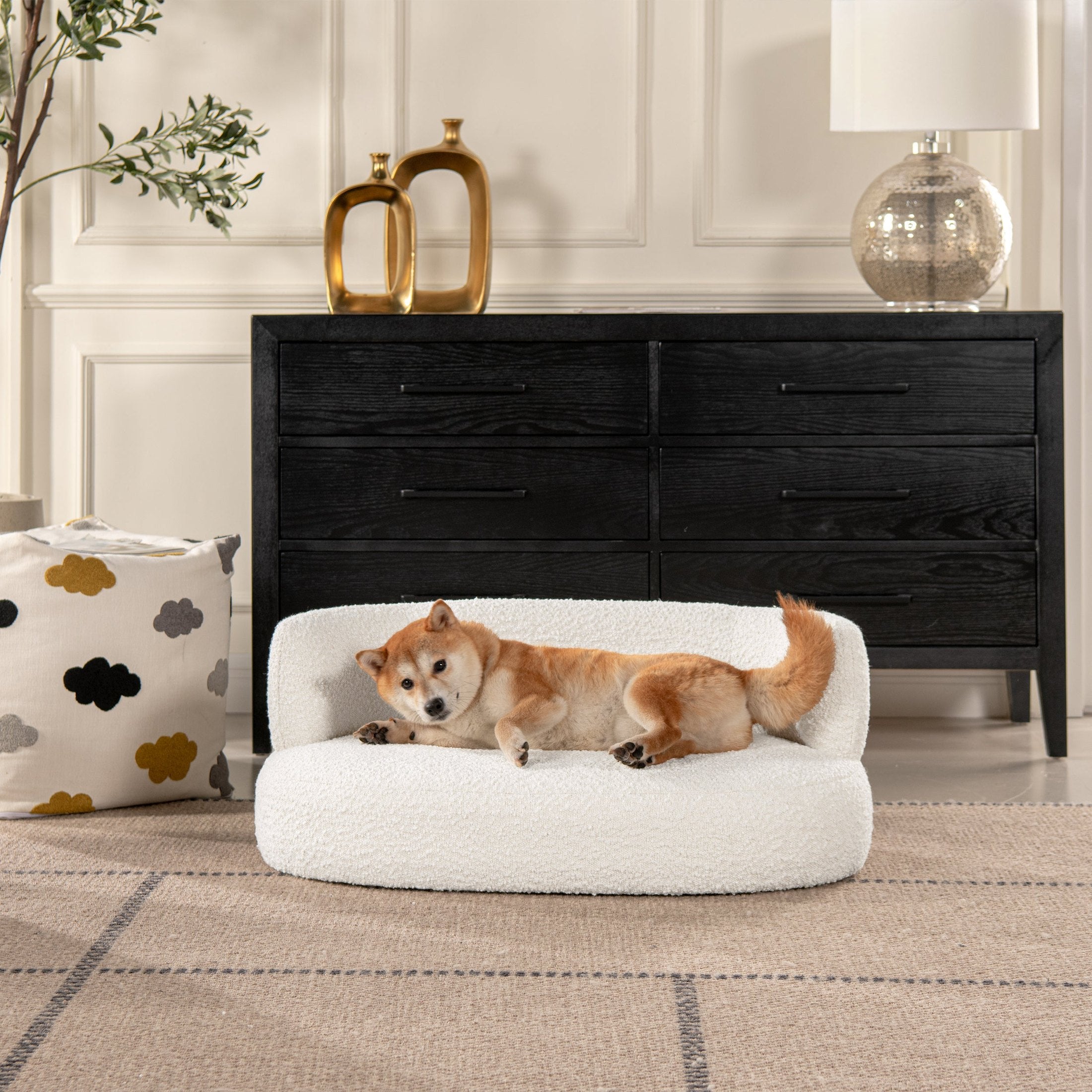 Shep 36' Curved Dog Sofa Bed, Medium, Ivory White Boucle