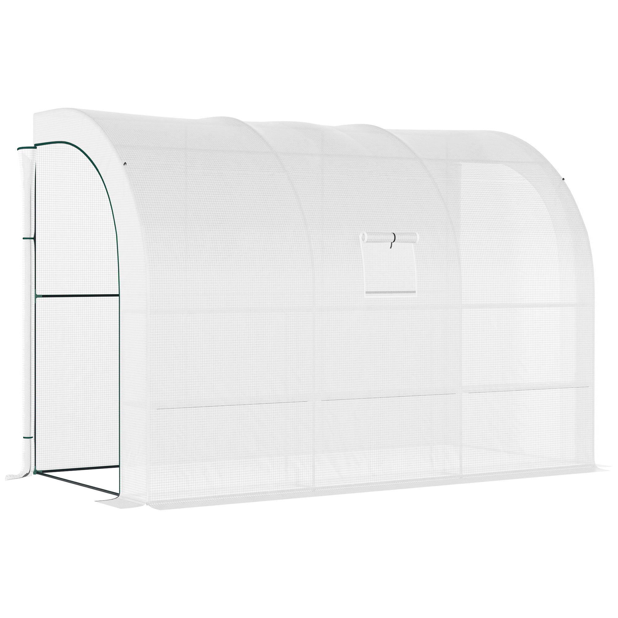 Outsunny 10' x 5' x 7' Lean to Greenhouse, Walk-In Green House, Plant Nursery with 2 Roll-up Doors and Windows, PE Cover and 3 Wire Shelves, White