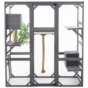 Outdoor DIY Cat House Catio with Double Enter Doors, Platforms, and Condos, Dark Grey Pine, 62.8'L x 32.2'W x 68.5'H
