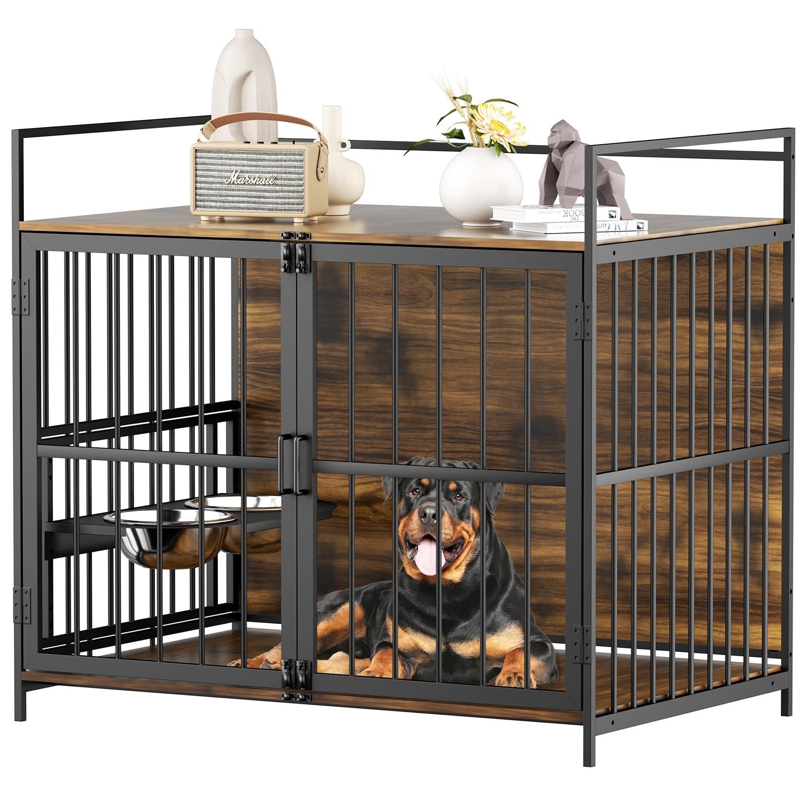 Furniture Style Large Dog Crate with 360° & Adjustable Raised Feeder for Dogs 48'