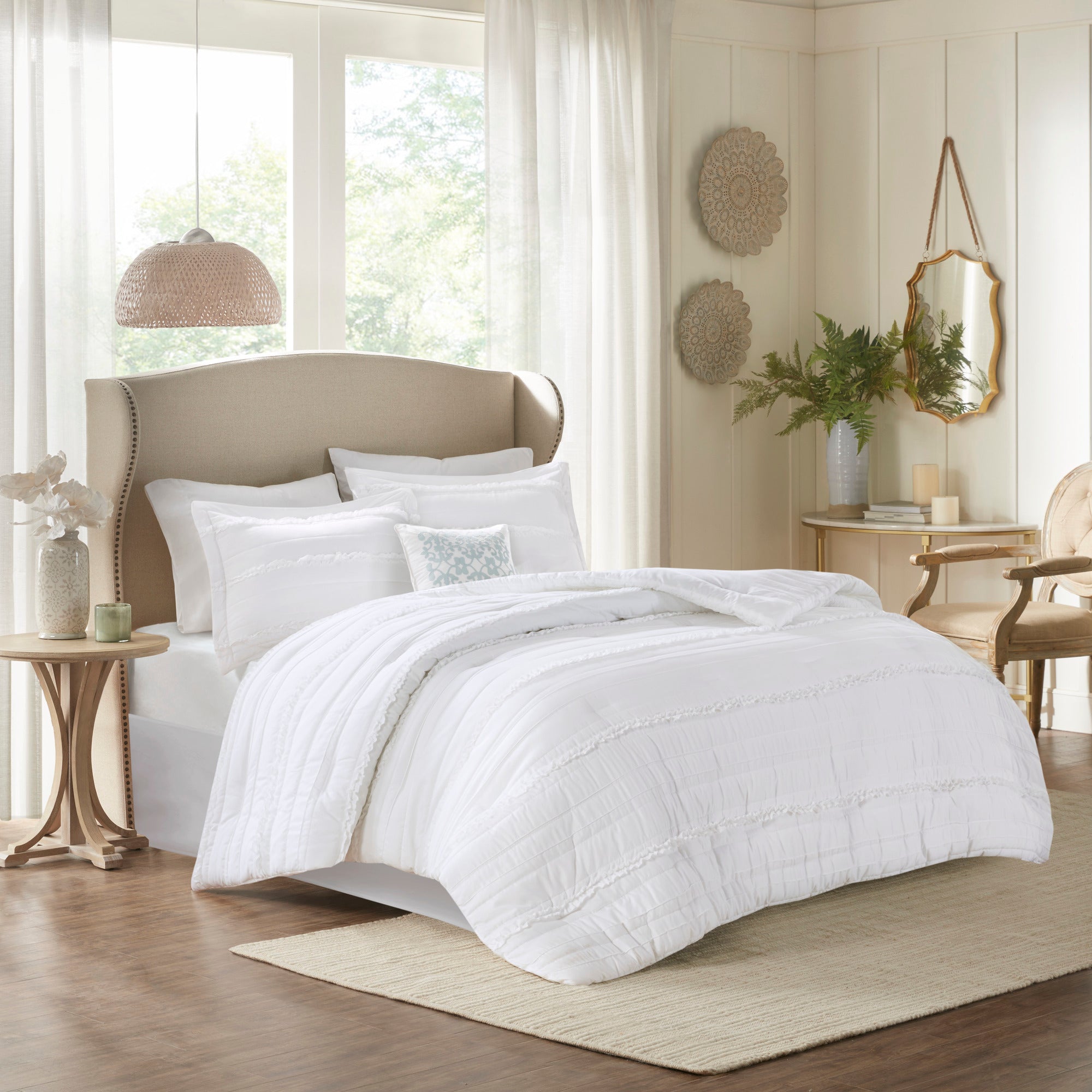 5 Piece Microfiber Ruffled Comforter Set White Cal King