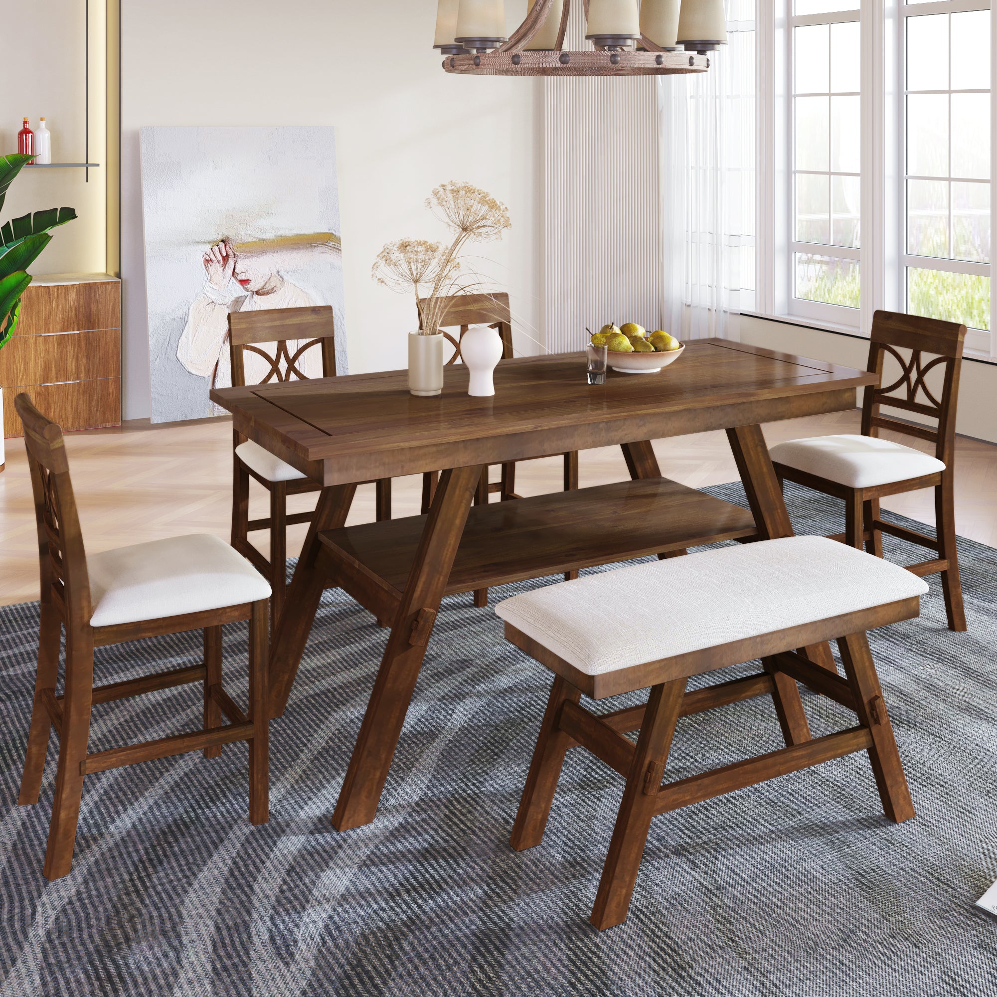 TOPMAX 6-Piece Wood Counter Height Dining Table Set with Storage Shelf, Kitchen Table Set with Bench and 4 Chairs,Rustic Style, Walnut+Beige Cushion (old sku: SH000257AAD)