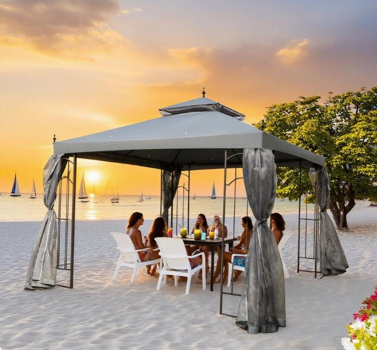 Patio Gazebo with Corner Frame Shelves, Double Roof Outdoor Gazebo Canopy Shelter