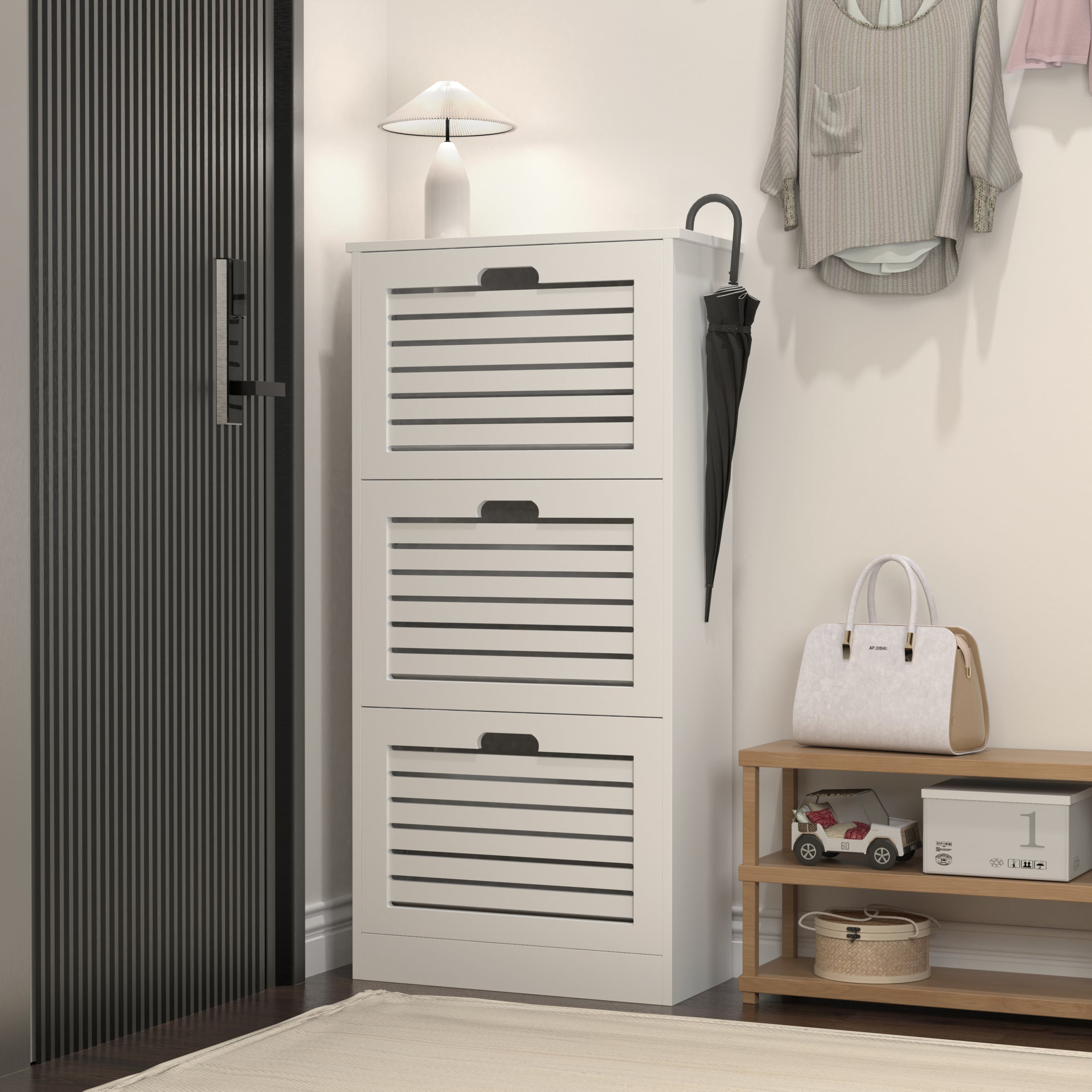 Wooden Shoe Cabinet for Entryway, White Shoe Storage Cabinet with 3 Flip Doors 20.94x9.45x43.11 inch