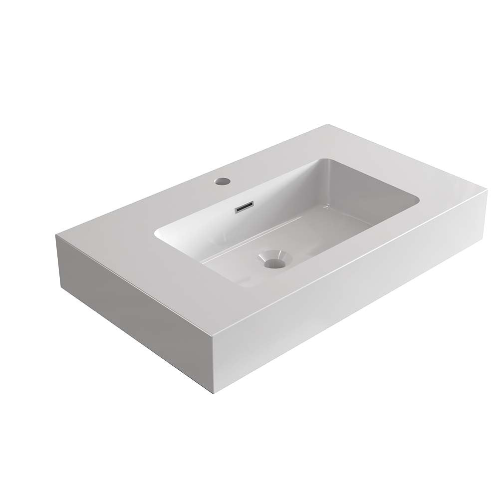 BB02-30-101, Integrated solid surface basin WITHOUT drain and faucet, glossy white color