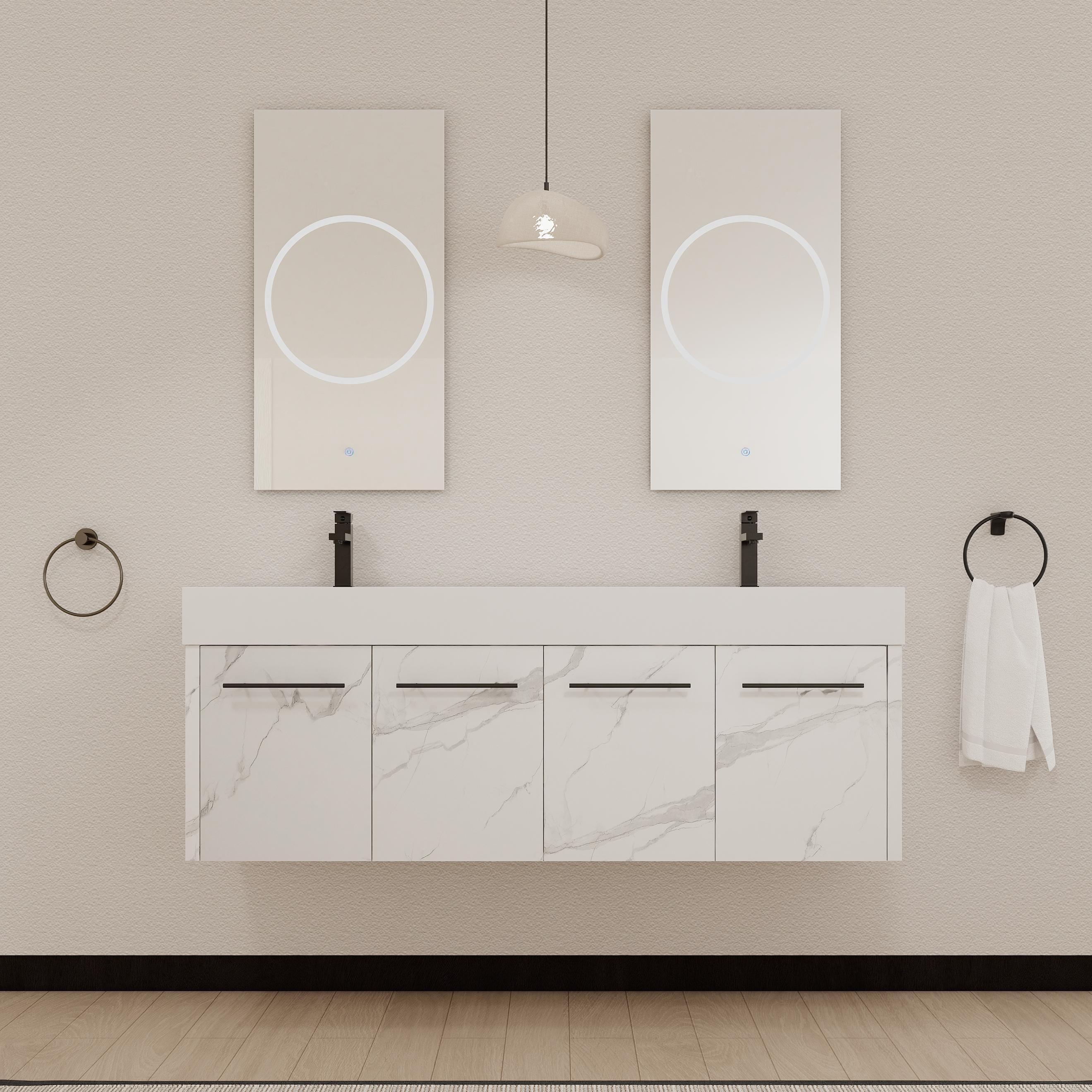60 Inch Wall-Mounted Bathroom Vanity with Sink, Thick Edged Double Resin Sink, KD-Package