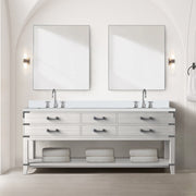 White Oak Double Bath Vanity 80 in. W x 22 in. D, White Quartz Top, and Faucet Set