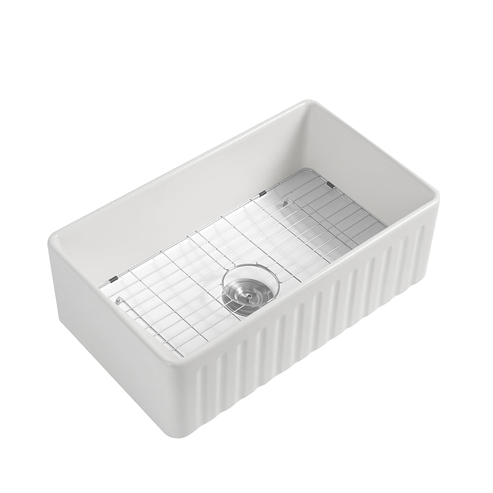 Fireclay 33' L X 20' W Farmhouse Kitchen Sink with Grid and Strainer