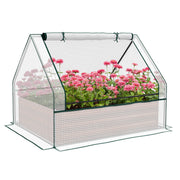 Outsunny Raised Garden Bed with Mini Greenhouse, Galvanized Outdoor Planter Box with Cover, for Herbs and Vegetables, Use for Patio, Garden, Balcony, White Cover and Brown Planter