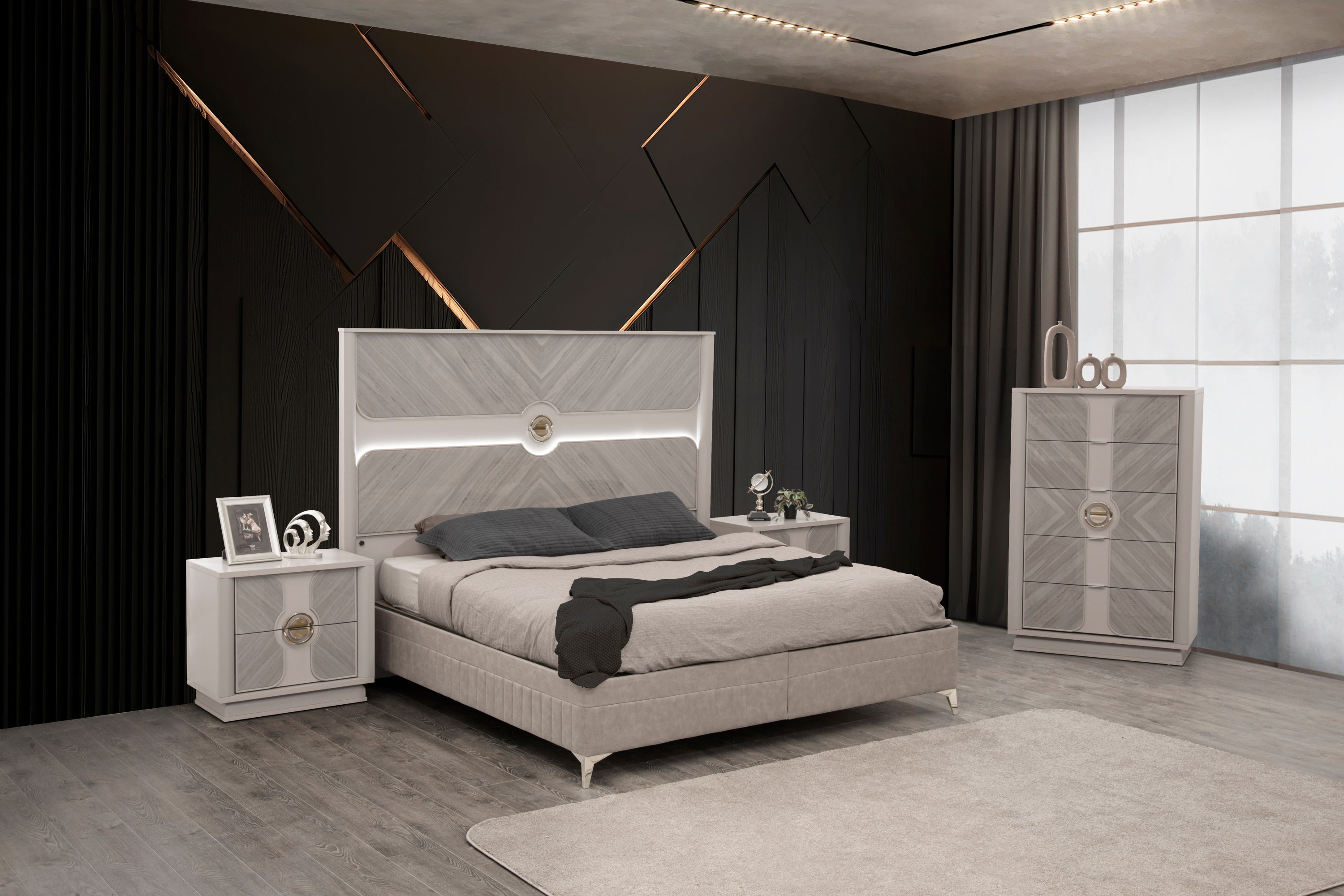 Eternity Traditional Style 4 Pc King Bedroom Set Made with Wood and Gold Accents in Beige(CA WAREHOUSE)
