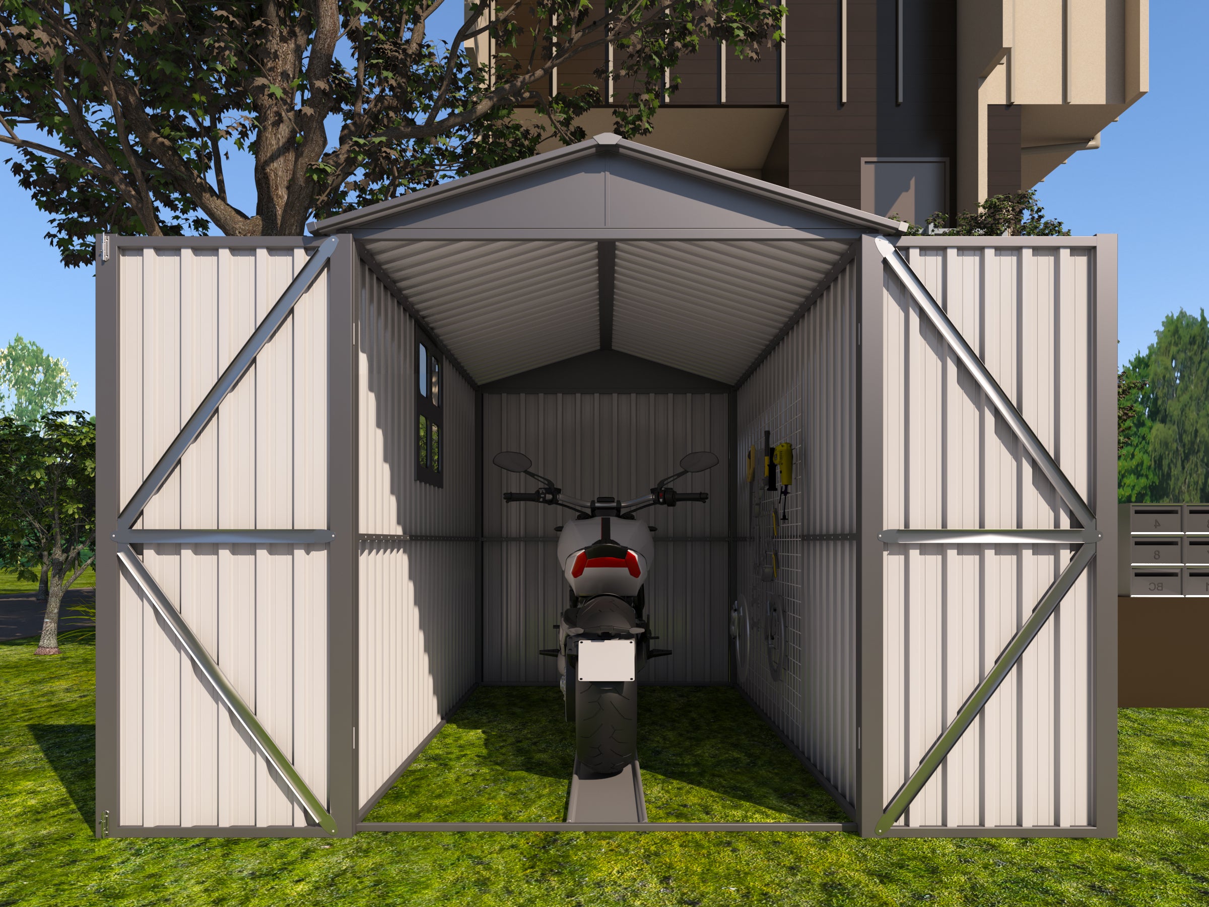 Motorcycle Outdoor Steel Storage Shed With Window ,tracks and fixtures,Grey