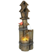 Outsunny Outdoor Fountain with Birdhouse, Cascading Garden Waterfall Bird Bath, Brown Resin with LED Lights
