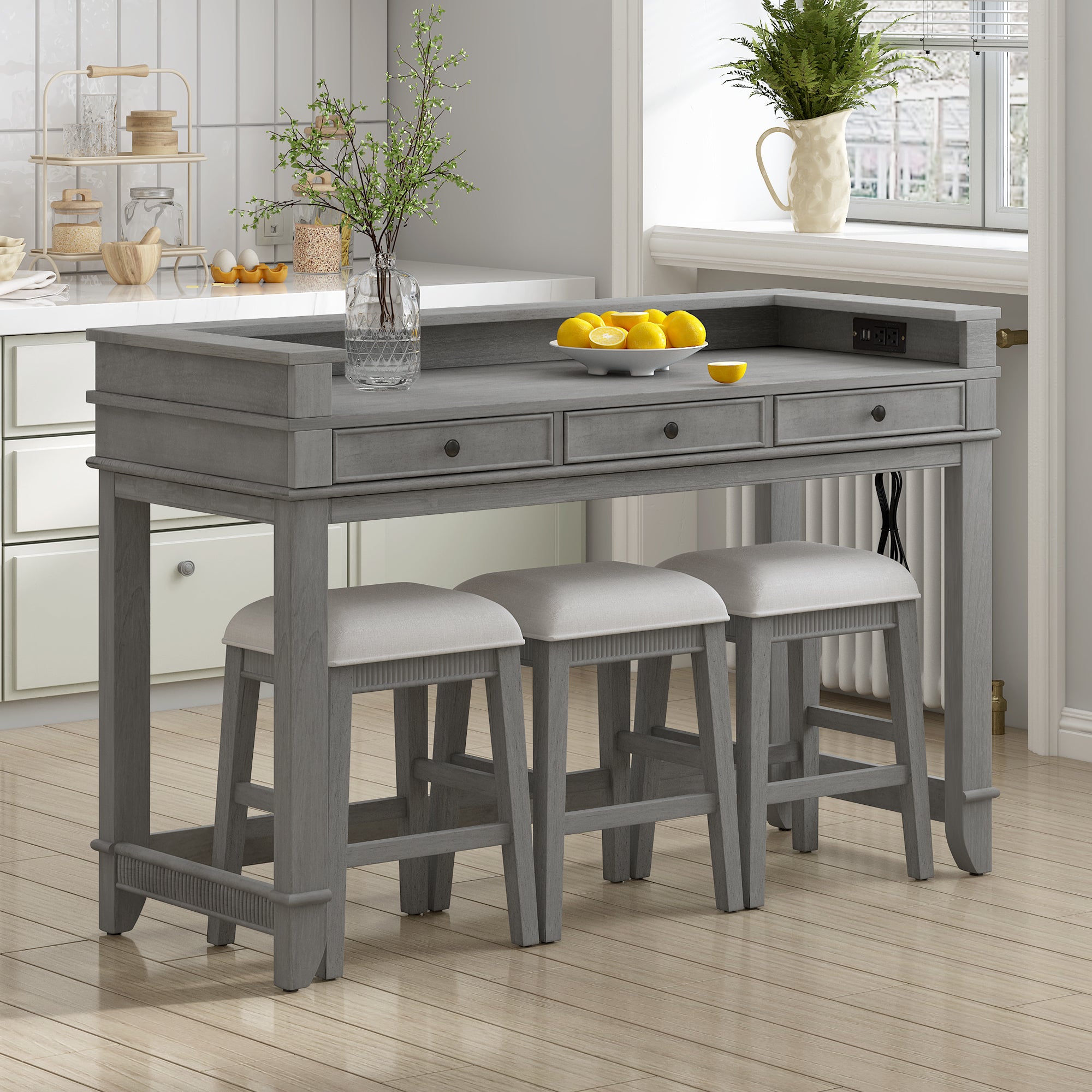 TREXM 4-Piece Dining Table Set for 3, Retro Kitchen Table and Chairs Set with 3 Storage Drawers, Ideal for Small Spaces (Light Grey)