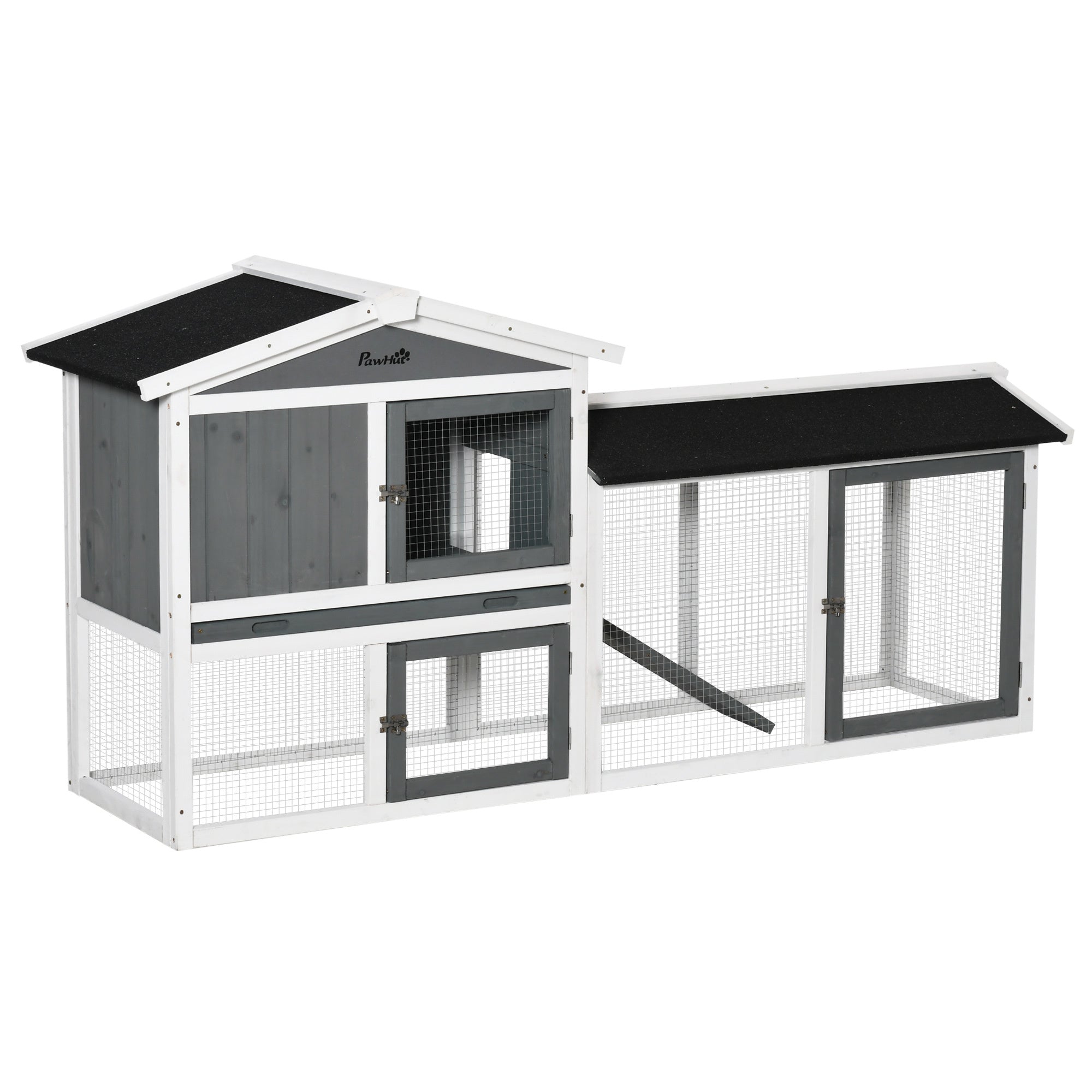 PawHut Wooden Rabbit Hutch, Outdoor Large Rabbit Cage with Run, Tray, Ramp, Asphalt Roof for 1-3 Rabbits, Guinea Pigs, White