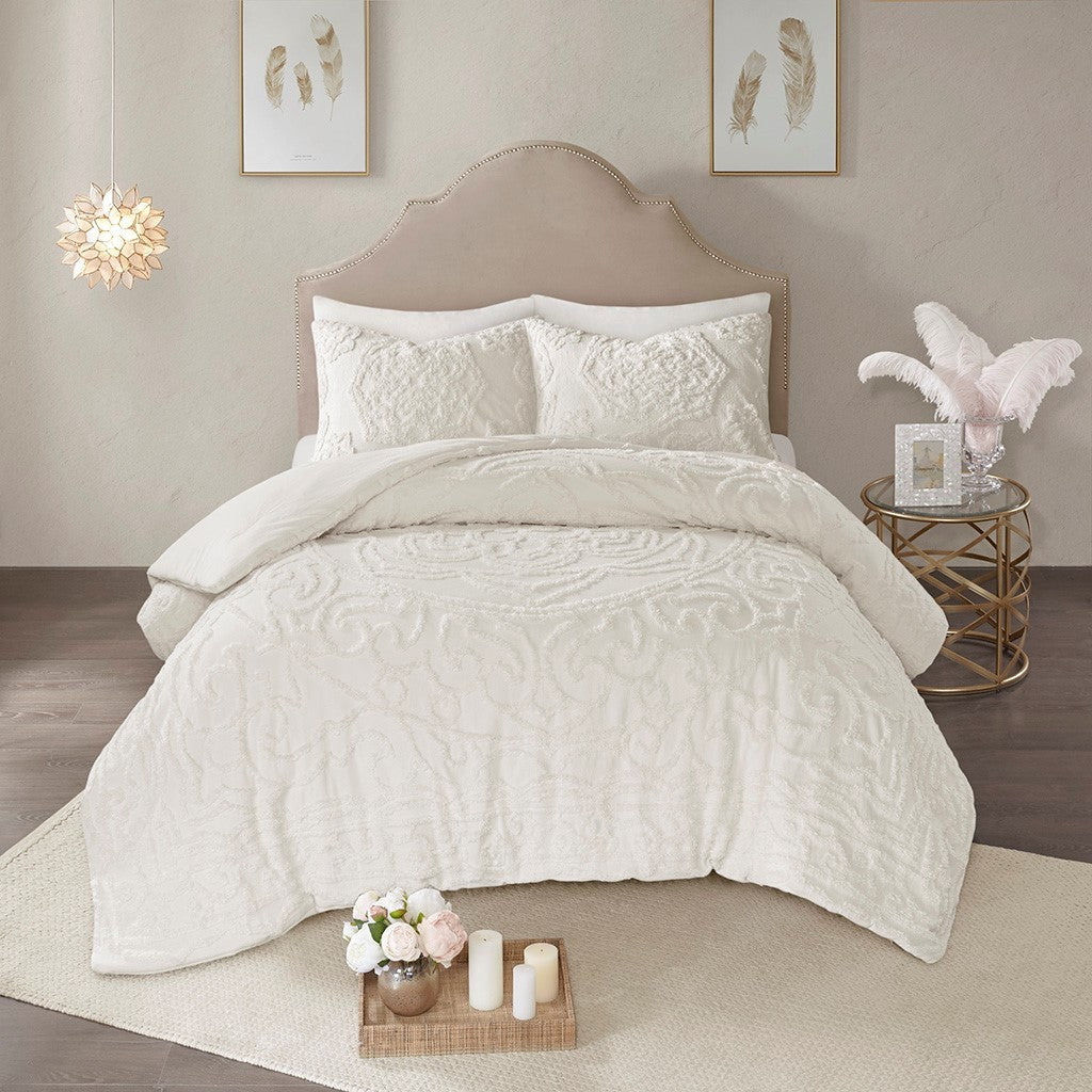3-Piece Tufted Cotton Chenille Medallion Comforter Set Off-White Full/Queen