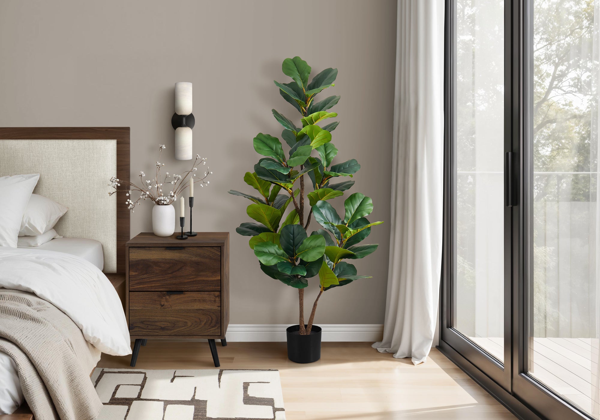 Artificial Plant, 49' Tall, Fiddle Tree, Indoor, Faux, Fake, Floor, Greenery, Potted, Real Touch, Decorative, Green Leaves, Black Pot