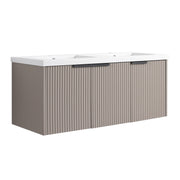 Contemporary 48' Wall Mounted Bathroom Vanity with Resin Double Sink & Soft-Close Doors in Khaki Plywood