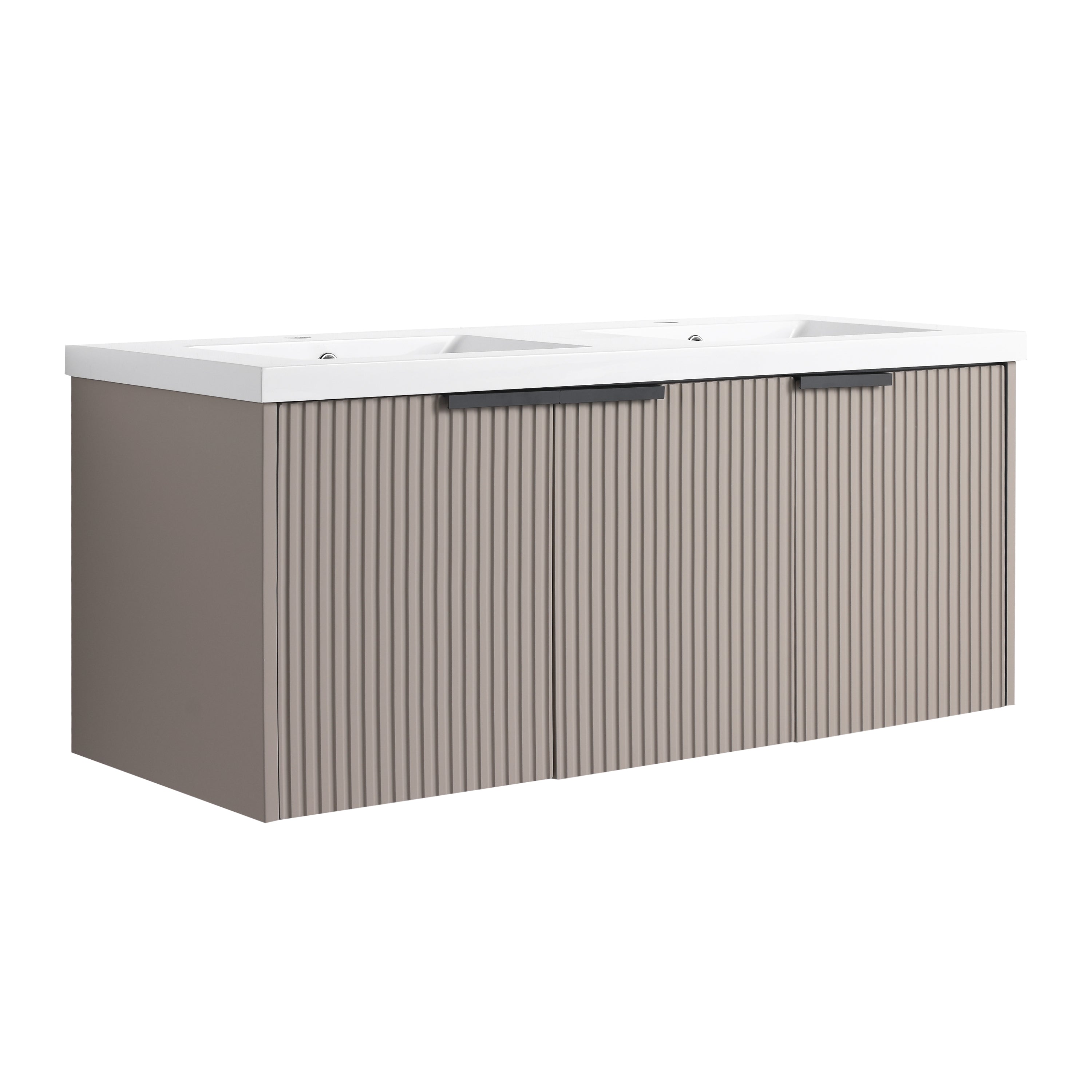 Contemporary 48' Wall Mounted Bathroom Vanity with Resin Double Sink & Soft-Close Doors in Khaki Plywood