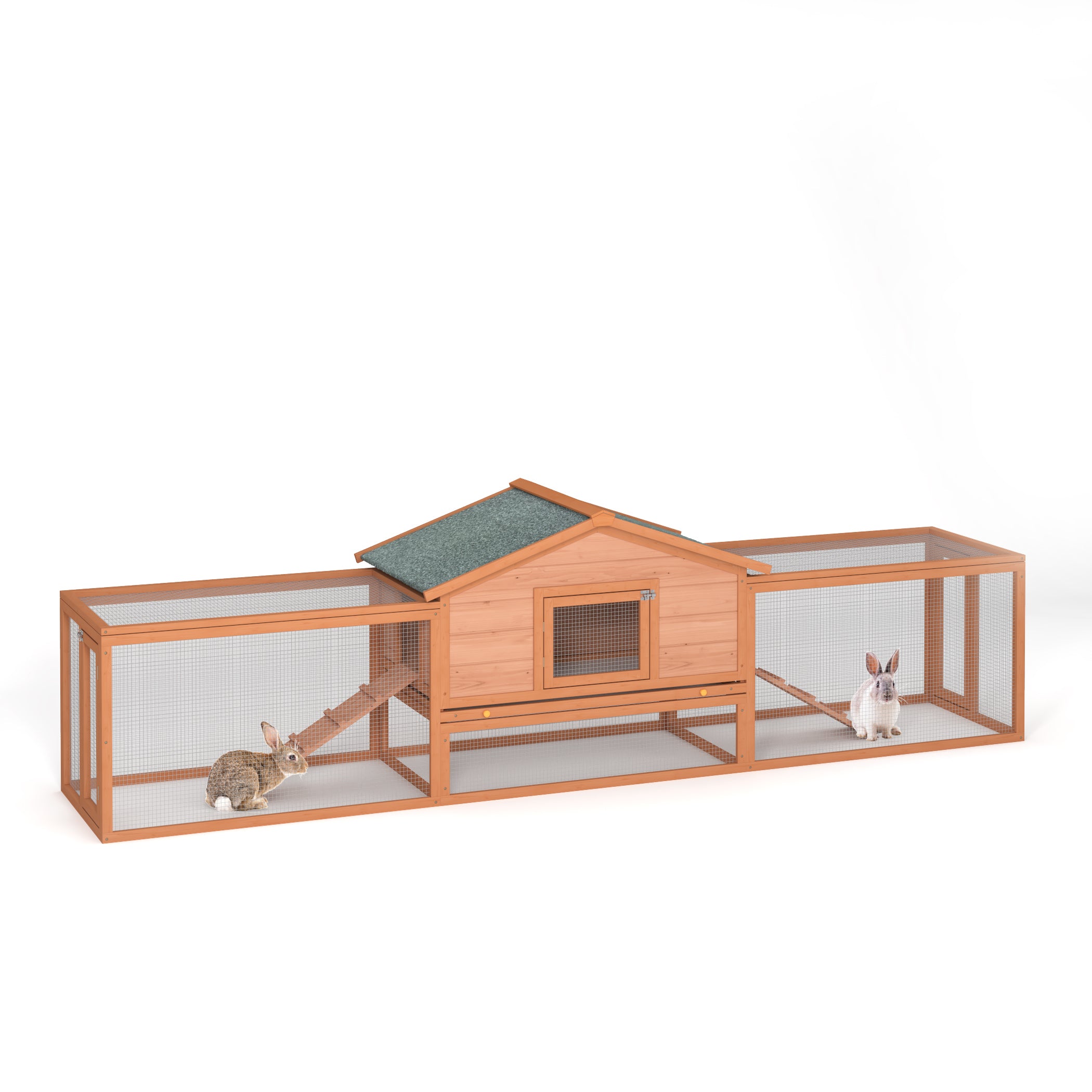2-Story Large Wooden Rabbit Hutch Pet House with Ramps, Lockable Doors, Run Area and Asphalt Roof for Outdoor Use,Easy to Assemble and Durable with  Cleaning Tray and Waterproof Roof