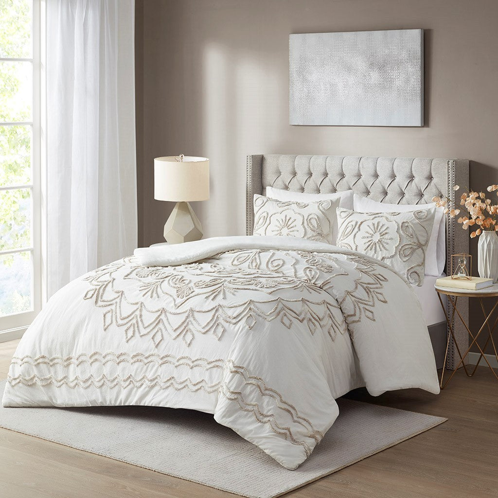 Full/Queen 3 Piece Tufted Cotton Chenille Duvet Cover Set