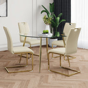 Modern simple round glass table, wear-resistant tempered glass countertop, gold-plated table legs, light yellow PU dining chair set, suitable for restaurant kitchen use (set of 5)