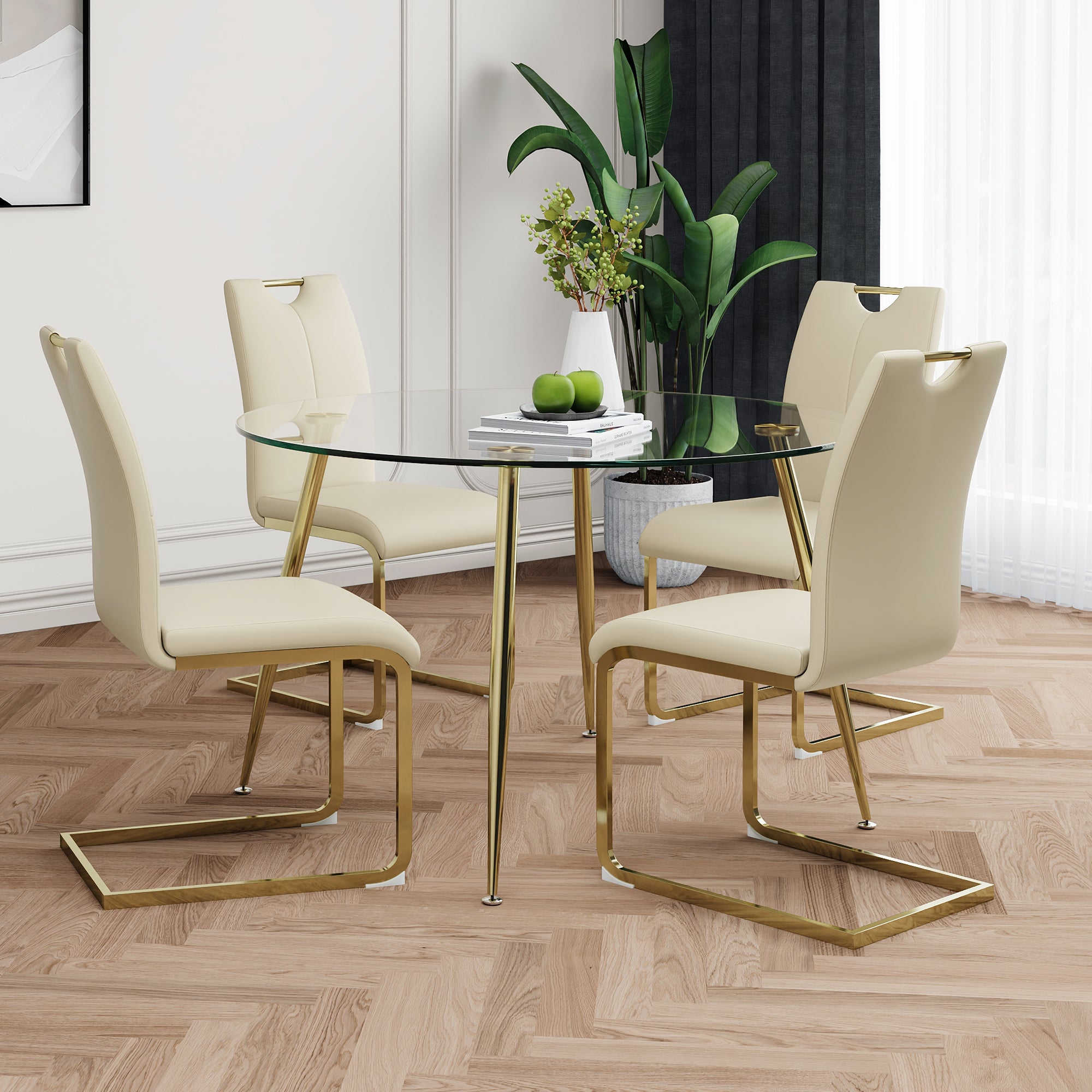Modern simple round glass table, wear-resistant tempered glass countertop, gold-plated table legs, light yellow PU dining chair set, suitable for restaurant kitchen use (set of 5)