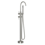 Freestanding Bathtub Faucet Floor Mount Tub Filler Brushed Nickel with Swivel Gooseneck Spout and Cylinder Handheld