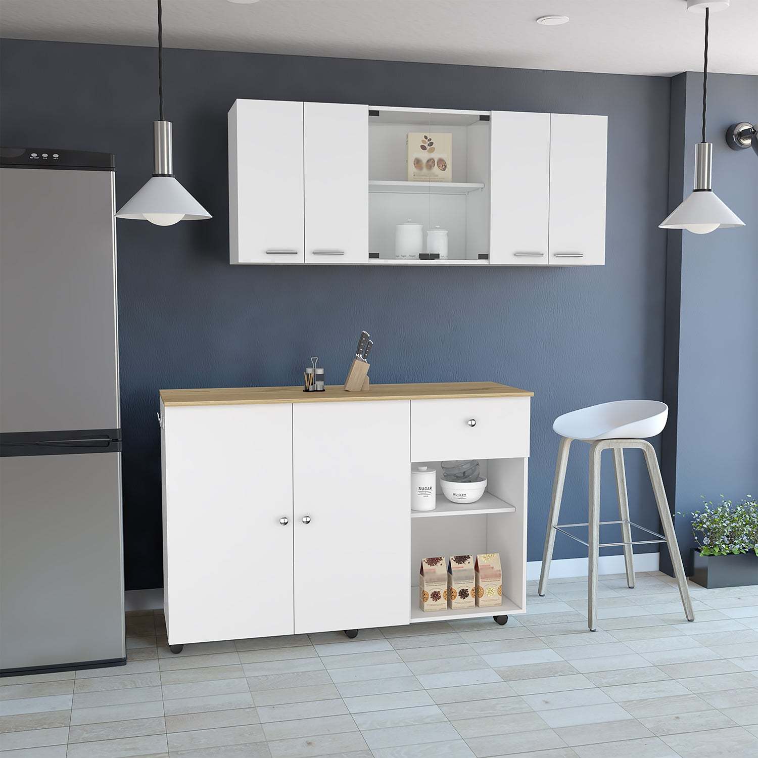 2 Piece Kitchen Set, Kitchen Island Cart + 150 Wall Cabinet Glass, White / Light Oak
