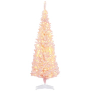 HOMCOM 5' Tall Pre-Lit Slim Noble Fir Artificial Christmas Tree with 160 Warm White LED Lights and 294 Tips, for Christmas Decoration, Pink with Snow-flocked