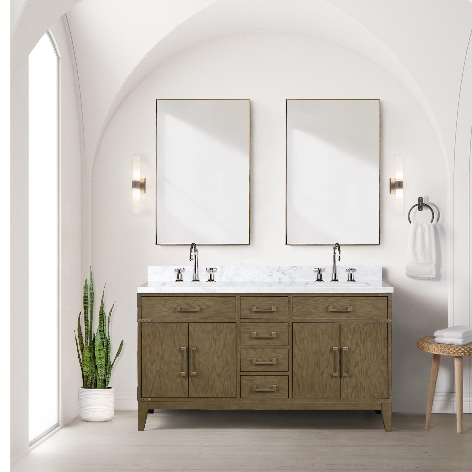 Grey Oak Double Bath Vanity 60 in. W x 22 in. D, Carrara Marble Top, and Faucet Set