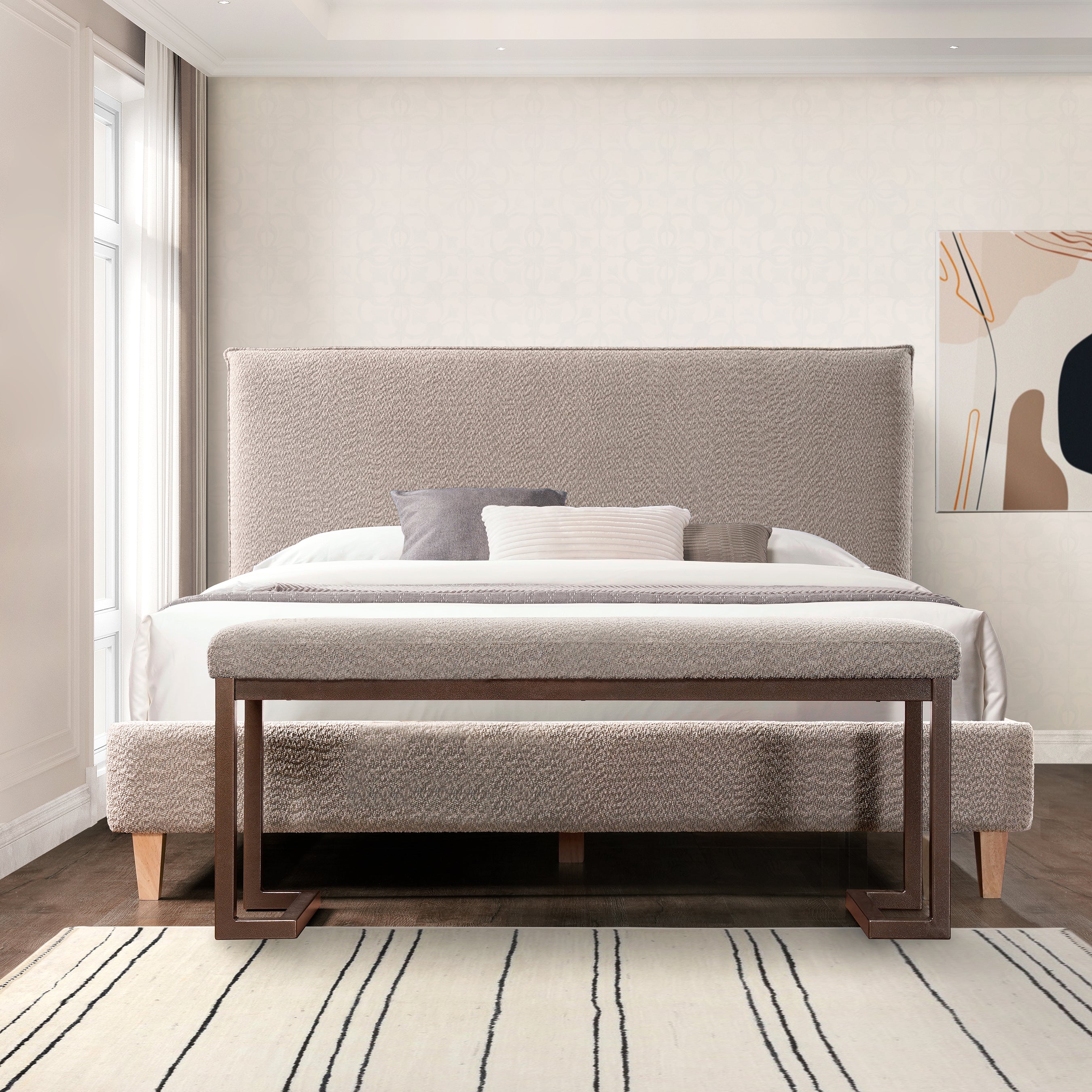 Modern Upholstered Bench with Metal Frame, 48 Inch Indoor Bench for Entryway, Hallway, Living Room, Dining Room, Bedroom, Modern & Decorative - Gray, Tungsten Gray Boucle