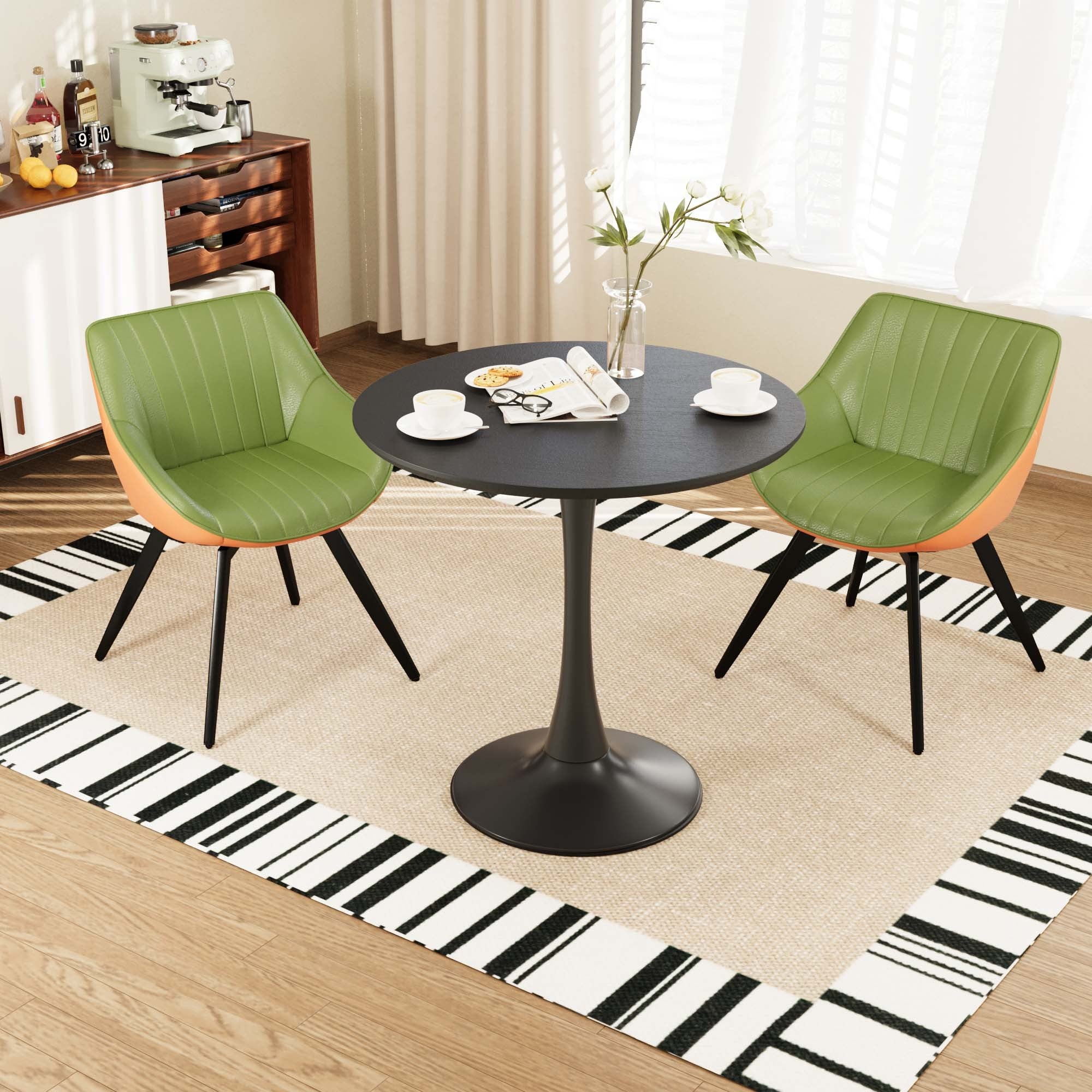 31.5 ' black MDF round dining table, tulip dining table, and 2 artificial leather decorative chairs with black metal legs, 2-4 person kitchen dining table and chair set