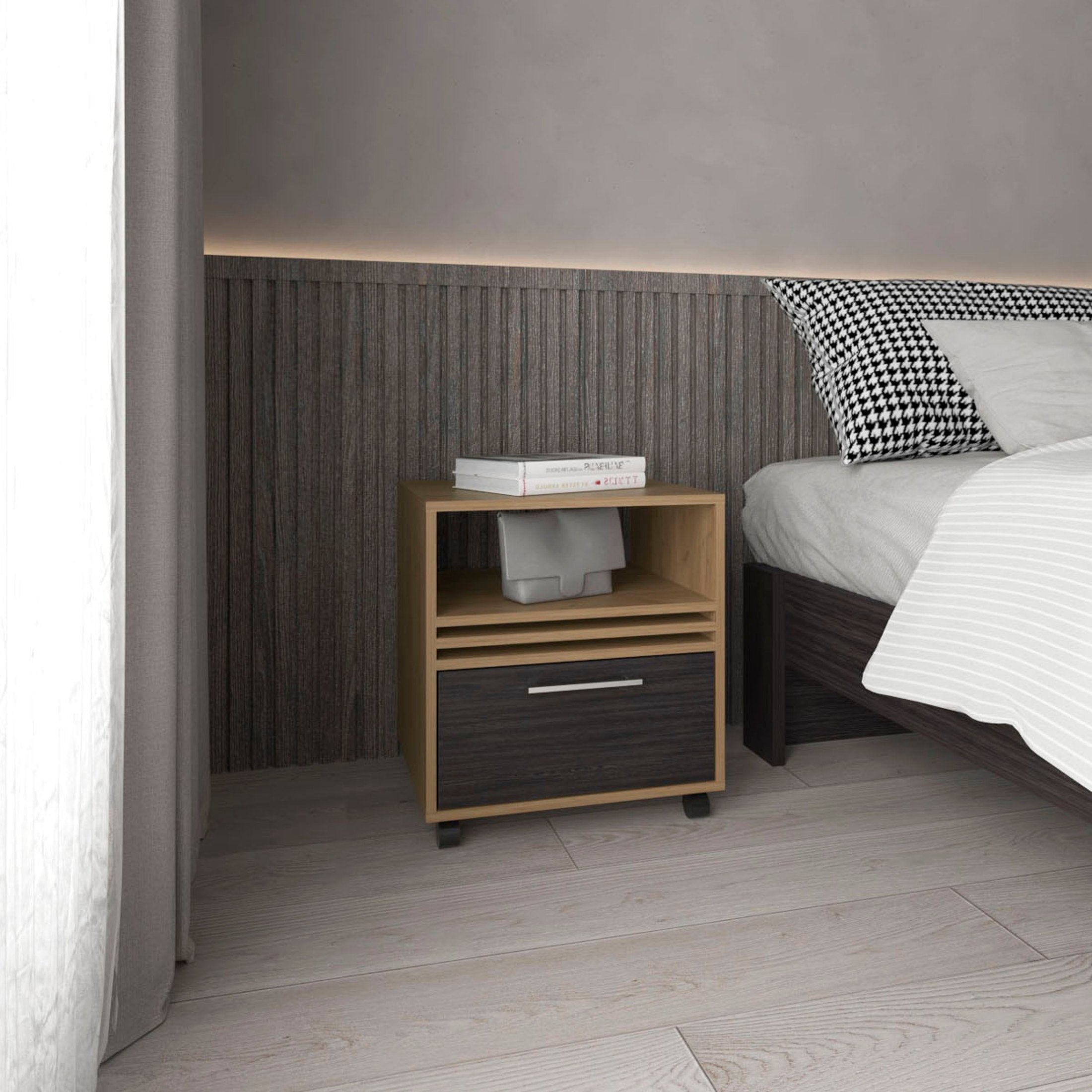 Nightstand, 1 Drawer, 4 Wheels, 1 Shelf, Natural Oak / Black