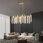 39-inch Modern Golden Pendant Light with Cascading Crystal Strands, Ideal for Living Room, Dining Room and Foyer, High-End Decorative Lighting Fixture (Bulb Not Included)