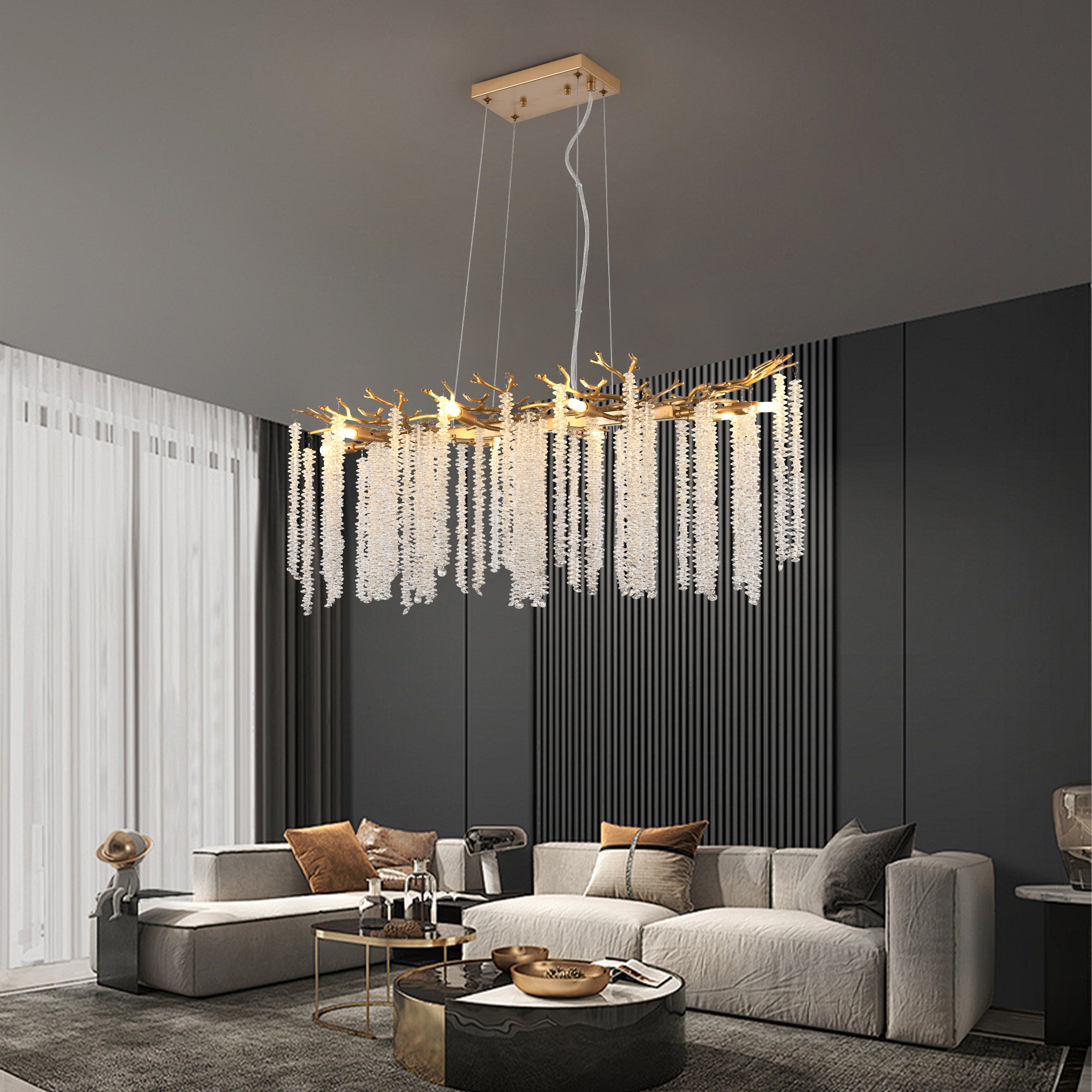 39-inch Modern Golden Pendant Light with Cascading Crystal Strands, Ideal for Living Room, Dining Room and Foyer, High-End Decorative Lighting Fixture (Bulb Not Included)
