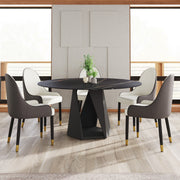59.05' Round Marble Dining Table With Black Iron Metal Base, Artificial Marble For 6-8 People, Dining Room/Living Room Kitchen Dining Table,Black (Dining Table Only)