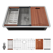 30' Undermount Kitchen Sink - Single Bowl 16 Gauge T304 Stainless Steel Ledge Workstation in Brushed Nickel with 3mm Silencer Pad