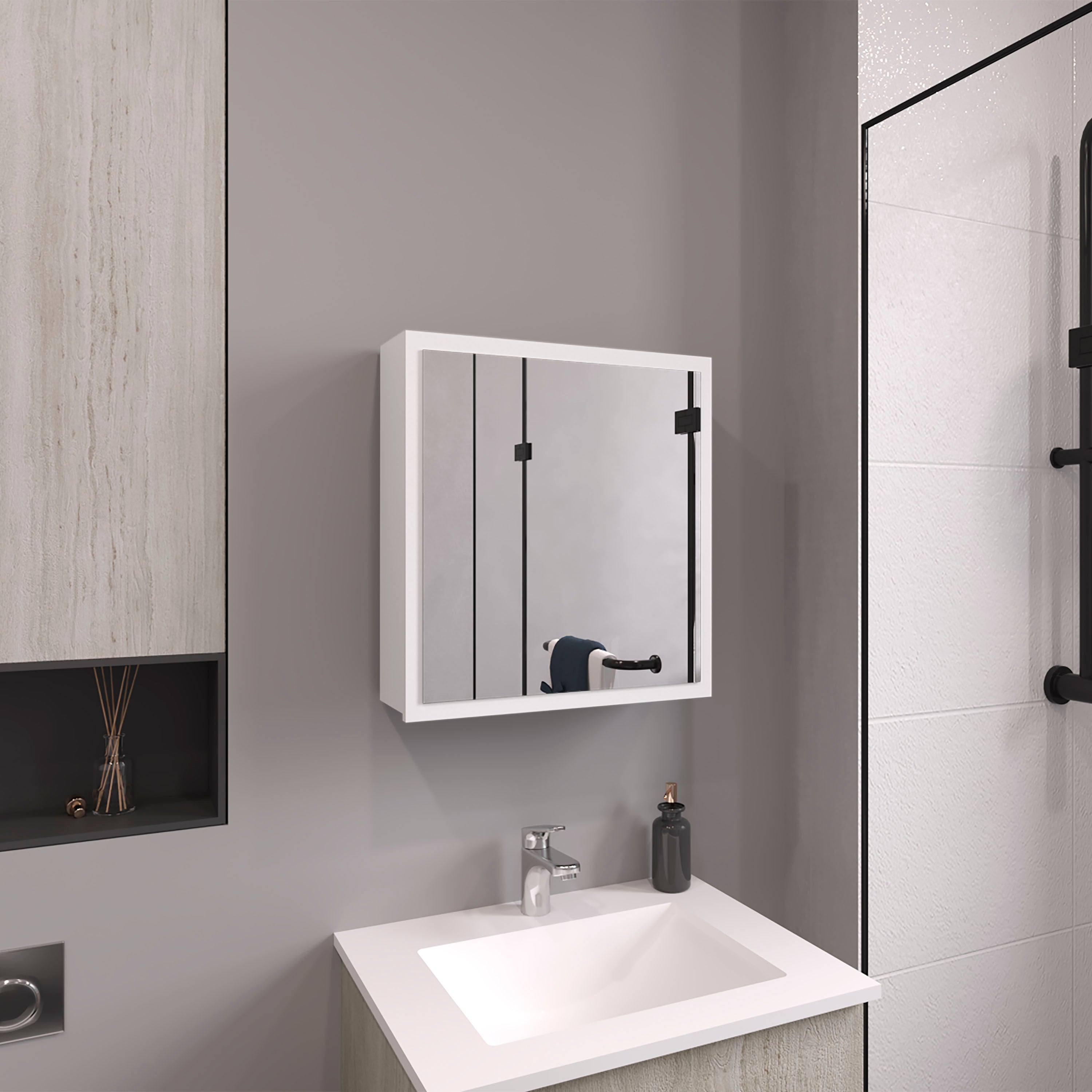 Duma 21.1' H x 19.7' W Mirror Medicine Cabinet, One door with Four interior Shelves for Bathroom, Kitchen White