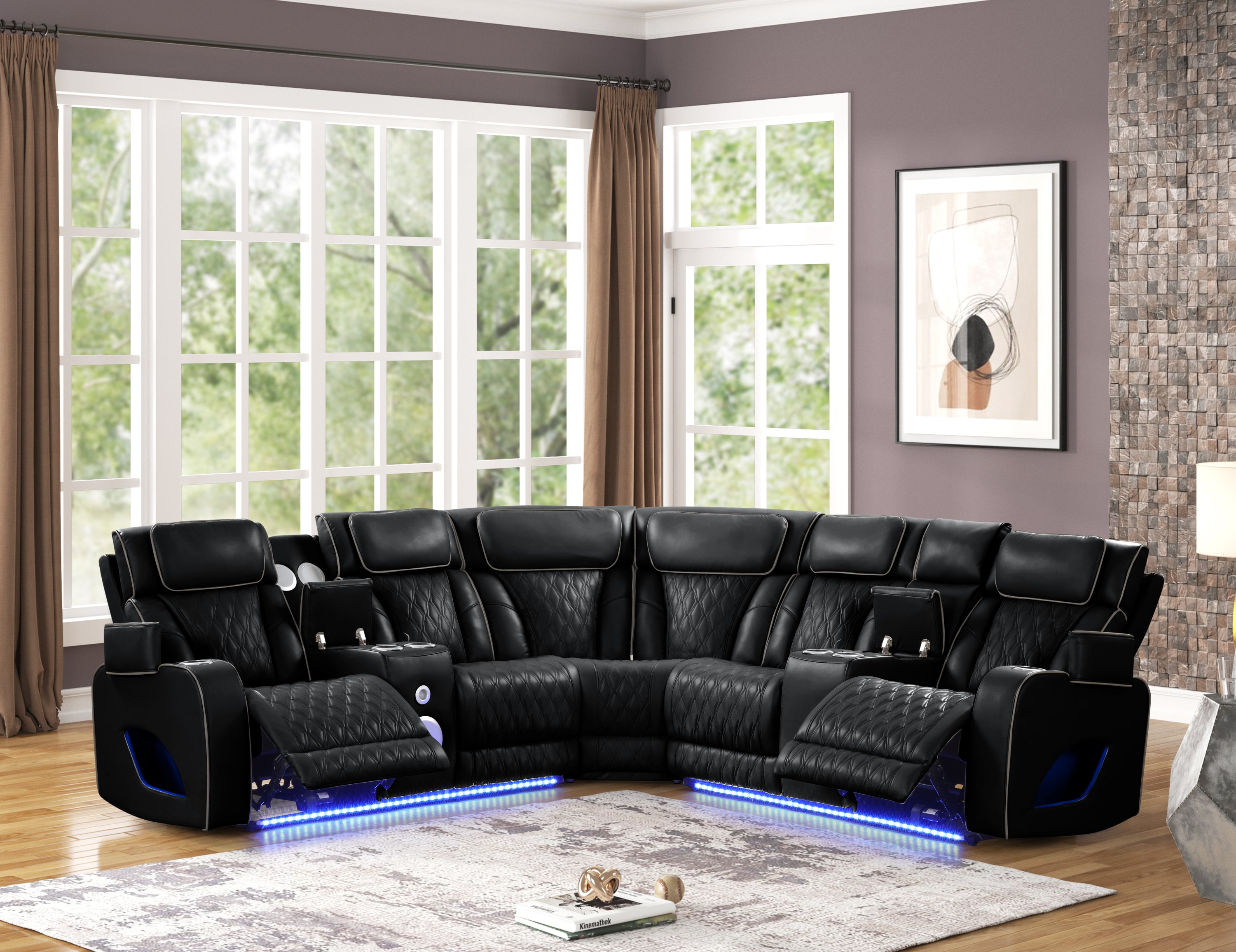 Fortuner Modern Style power recliner sectional with Bluetooth speaker and LED made with wood & metal, Massage Function Included -Black (CA Inventory)
