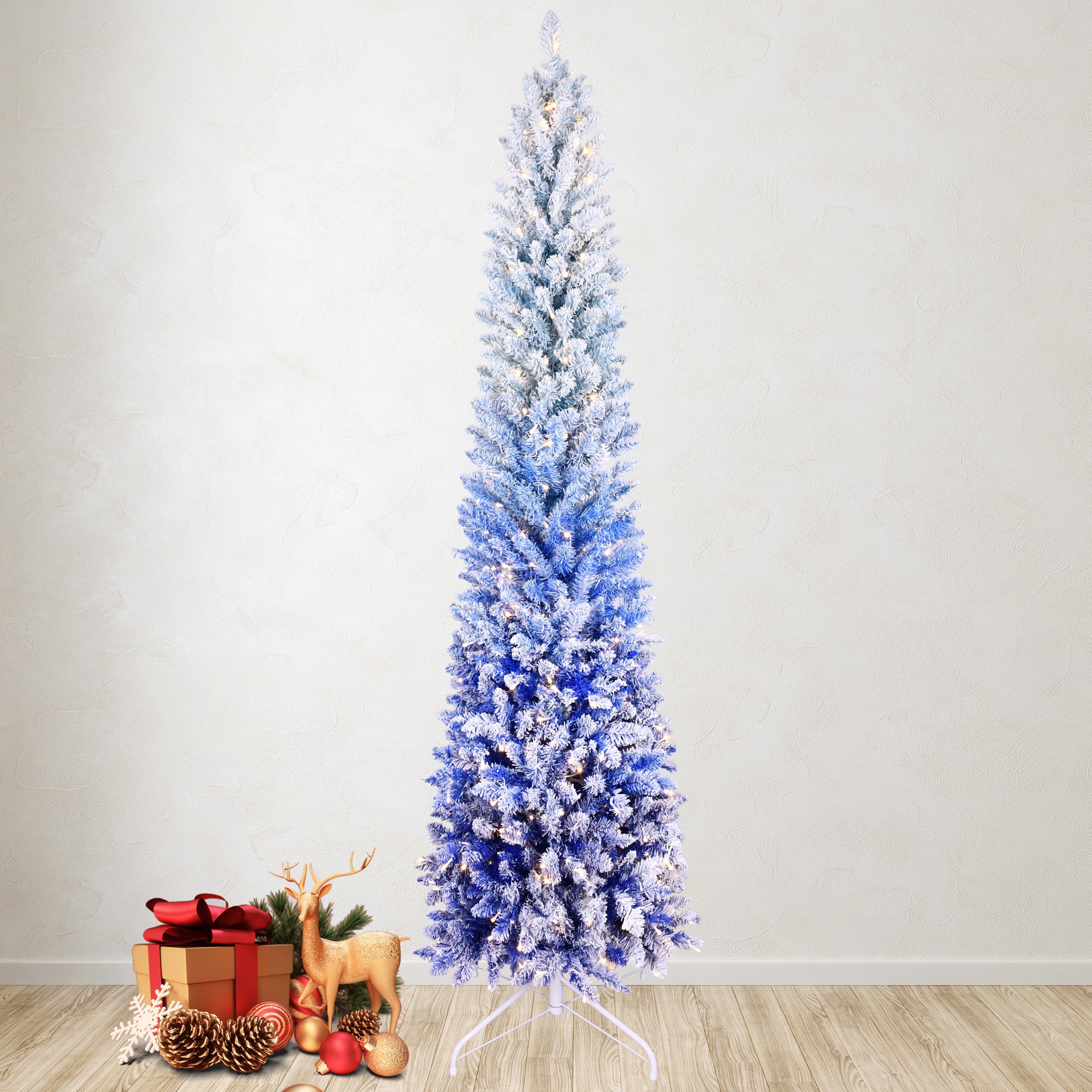 6FT Blue Gradient Flocked Pencil Christmas Tree with 200 Warm White LED Lights, 485 Tips, Hinged Branches, Slim Design, Metal Stand – Narrow Prelit Tree for Holiday Home Decor
