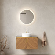 ARAI 30' Bathroom Vanity with Sink, Wall-Mounted Plywood Bathroom Storage Cabinet with Double Doors, Black Sintered Stone Countertop and White Round Ceramic Basin, Brown Oak Woodgrain Color